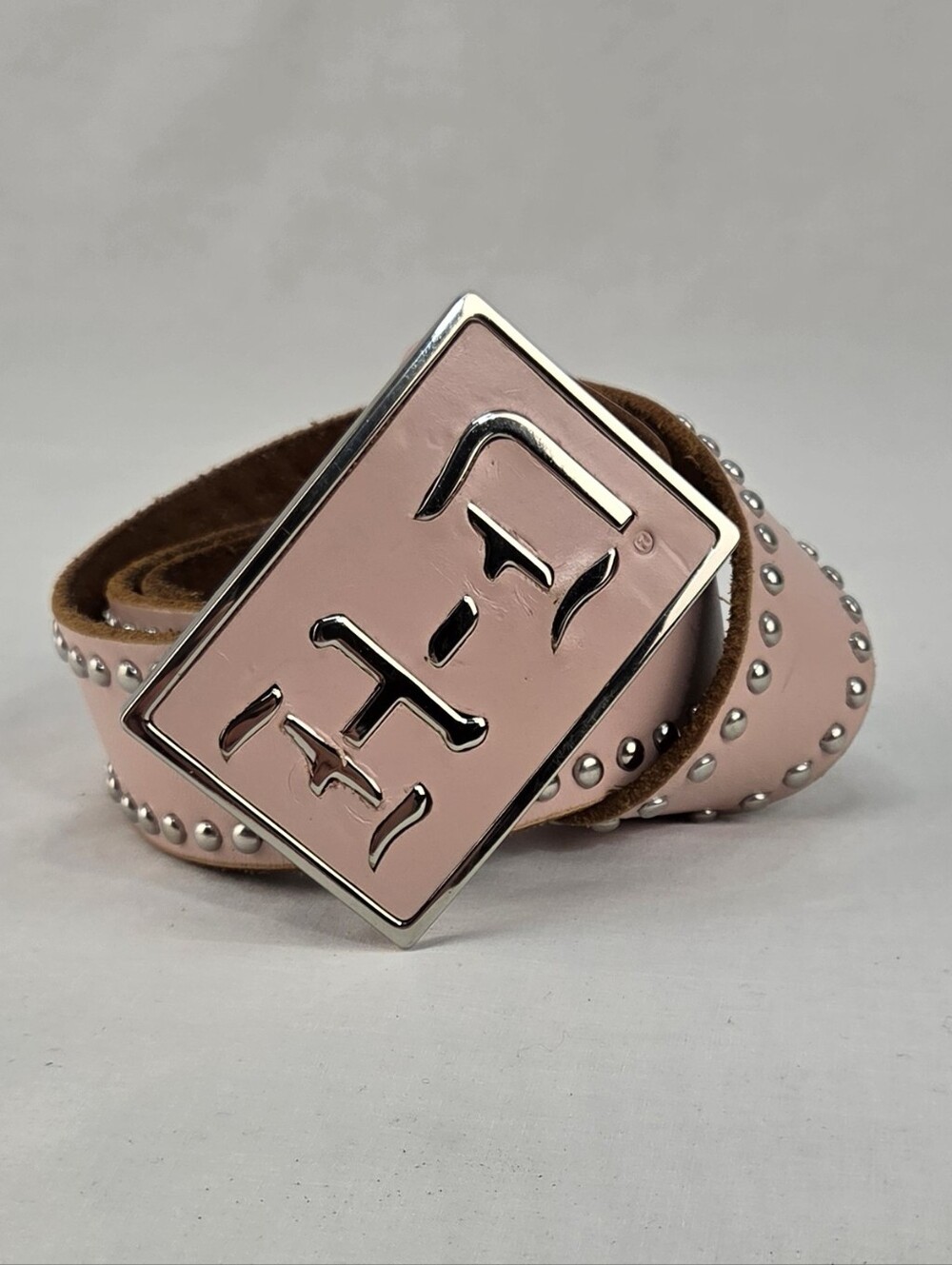 Harley-Davidson Pale Pink Studded Leather Belt with Silver Logo Buckle